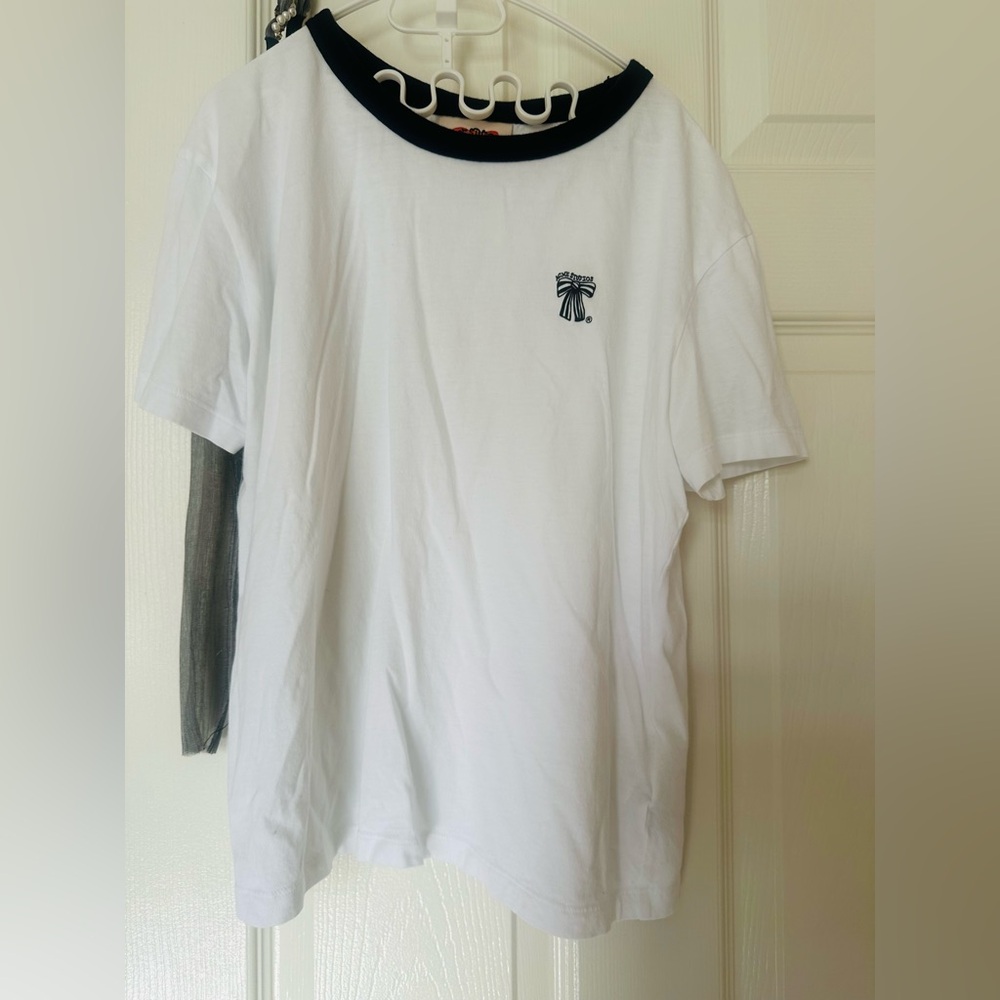 Acne Studios White T-Shirt with Black and Blue Accents